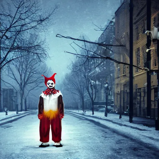 Prompt: scary clown stands in the street in winter, high quality, digital art, 8K, HD, photorealistic, realistic,