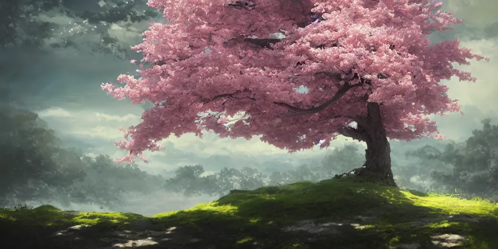 Prompt: a sakura tree, detailed oil painting, cinematic angle, hyperrealistic, breathtaking, cinematic lighting, dynamic, Studio Ghibli, digital art, octane render, epic composition, trending on artstation, masterpiece