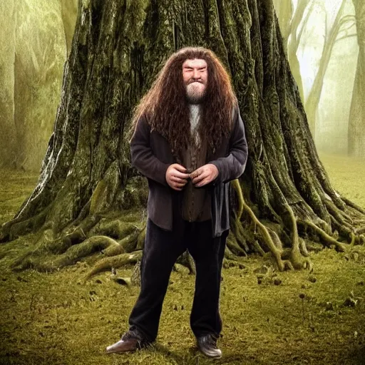 Prompt: hagrid standing next to a tree