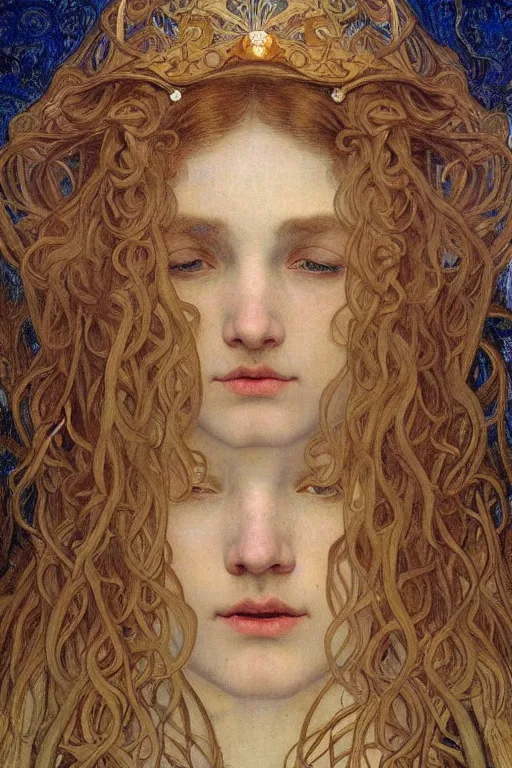 Image similar to detailed realistic beautiful young medieval queen face portrait by jean delville, alphonse mucha, vincent van gogh, and marco mazzoni, art nouveau, symbolist, visionary, gothic, pre - raphaelite