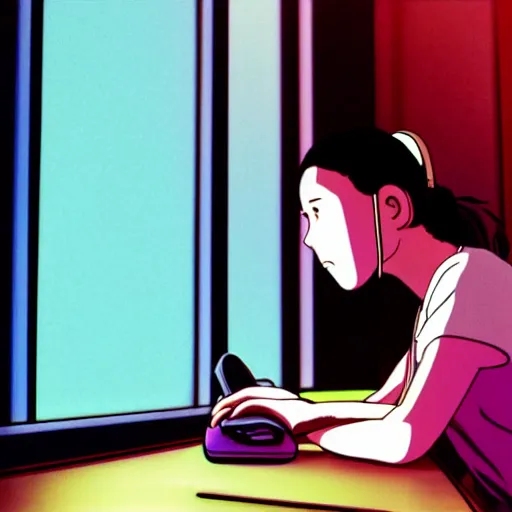 Image similar to film cell from Studio Ghibli of female Japanese student in profile, sat at her desk, her face lit by the computer screen, wearing headphones, japan, window, Tokyo, neon lights outside , by Hayao Miyazaki