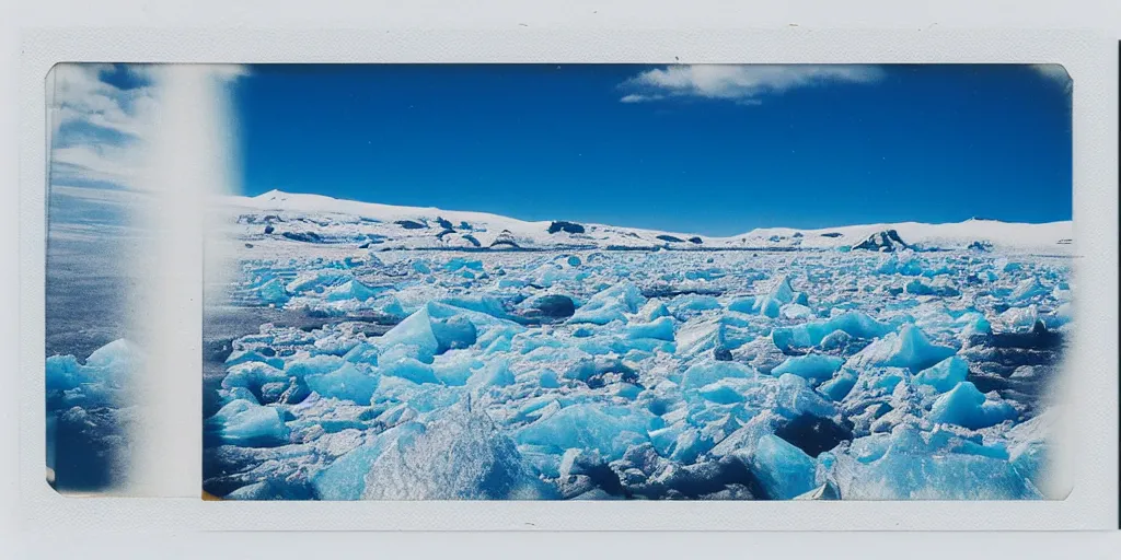 Image similar to polaroid photo of glaciers in iceland, surrounded by snow and ice, bright blue sky