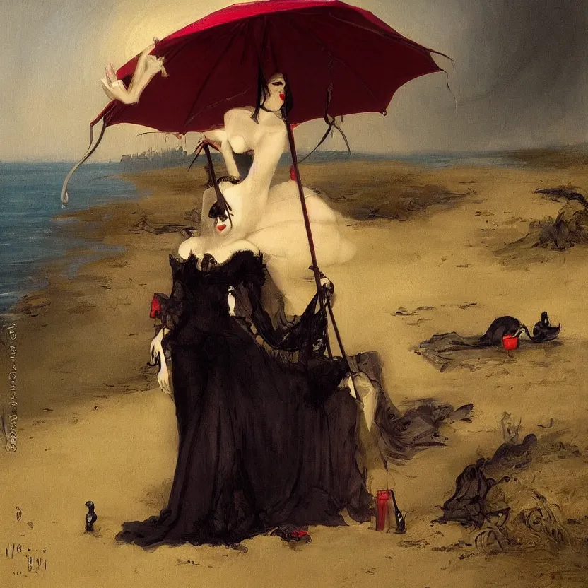 Image similar to portrait of a beautiful and grim vampire queen under a large beach umbrella by William-Adolphe Bouguerea