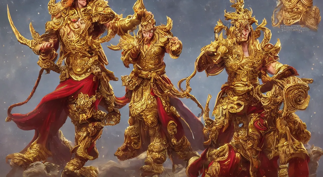 Image similar to concept art of monkey king in ornate golden armo, artstation