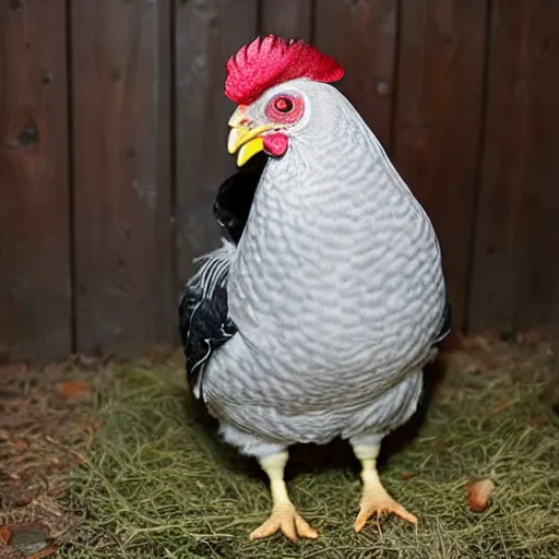 Prompt: cute!! barred Plymouth Rock chicken, studio!! lighting, white feathers in the shape of small hearts!!