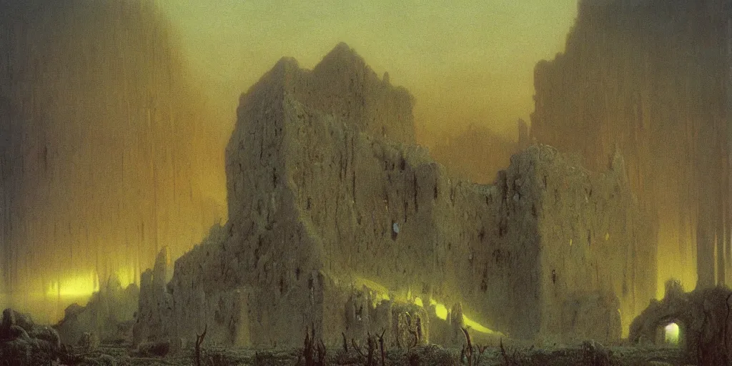 Image similar to Isle of the dead by Arnold Böcklin painted by Zdzisław Beksiński, global illumination, radiant light, detailed and intricate environment