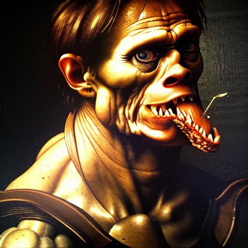 Prompt: close up portrait of willem dafoe eating an entire horse, oil painting, high detail, dark lighting, atmospheric, extremely detailed, intricate, da vinci, michelangelo, caravaggio, hans holbein, raphael, donatello, 8 k