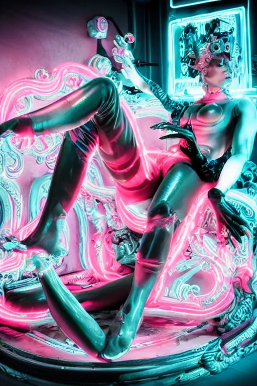 Prompt: full-body rococo and cyberpunk style neon statue of a muscular attractive Spanish macho android sim roupa reclining con las piernas abertas e la piroca e dotado, ethereal white dripping tar, glowing orange lasers, pink tigers, glowing eyes, silver prince crown, black gears, pink diamonds, swirling mint-colored silk fabric. futuristic elements. full-length view. human skulls. large intricate artwork by caravaggio. Trending on artstation, octane render, cinematic lighting from the right, hyper realism, octane render, 8k, depth of field, 3D