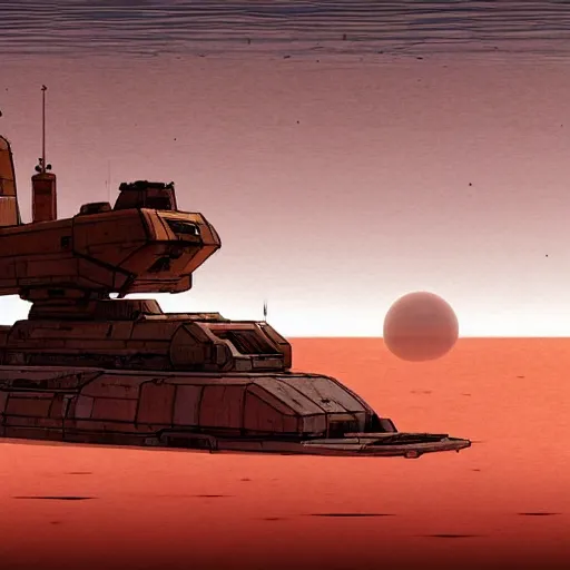 Image similar to sci-fi barge floating over a desert landscape in the style of Ian McQue