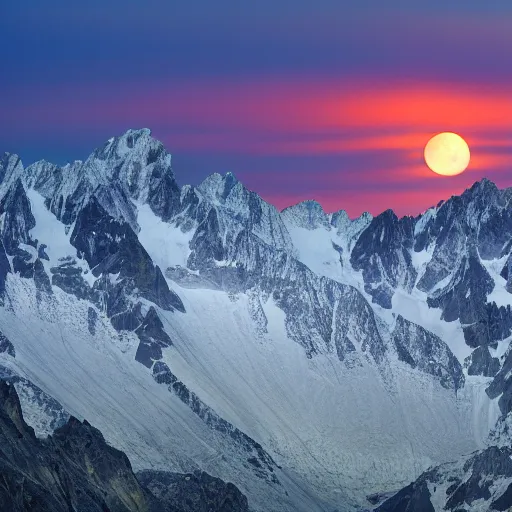 Prompt: a bloom moon over the alps at sunset in the summer