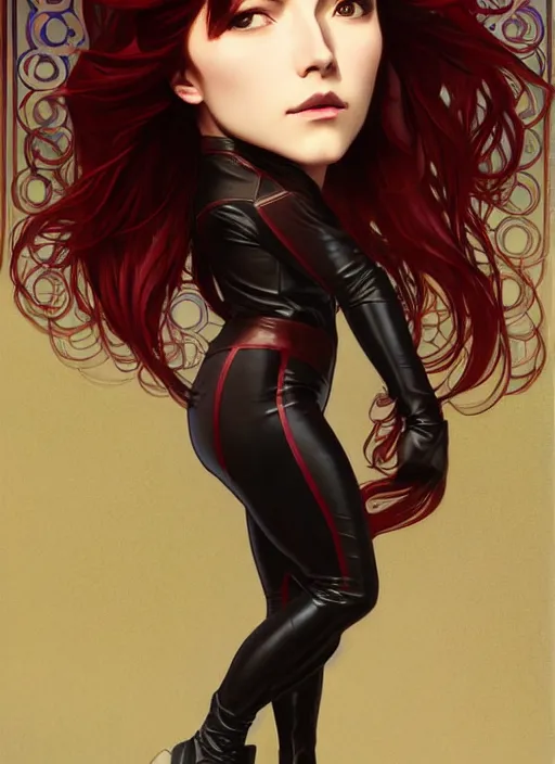 Prompt: pretty young woman with shoulder length shiny shimmering dark red hair and wearing leather high - tech suit, path traced, highly detailed, high quality, digital painting, by studio ghibli and alphonse mucha, leesha hannigan, makoto shinkai, disney