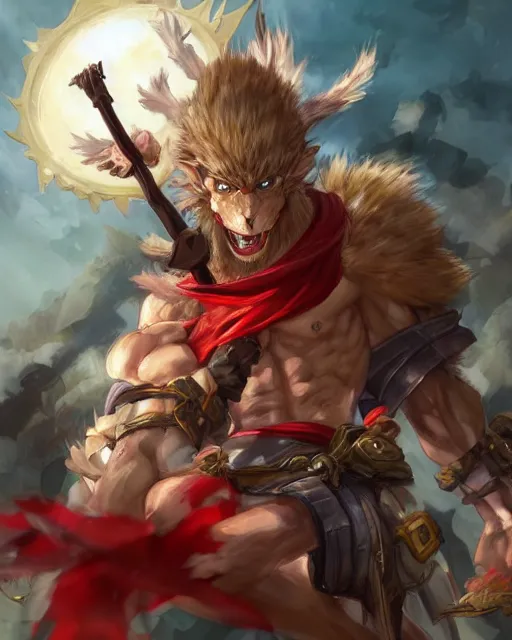 Prompt: portrait of sun wukong!! splash art!!! guilty gear strive! concept art!!! artbook!!! by stanley artgerm lau, wlop, rossdraws, james jean, andrei riabovitchev, marc simonetti, and sakimichan, pixiv, trending on artstation!! c 1 4. 6