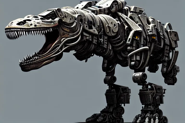 Image similar to trex in a cyborg mech suit, by alexandre ferra, zezhou chen, peter gric, mohamed reda and hr giger, hyper detailed, screen print, character concept art, hyperrealism, coherent, cgsociety, zbrush central, behance hd, hypermaximalist