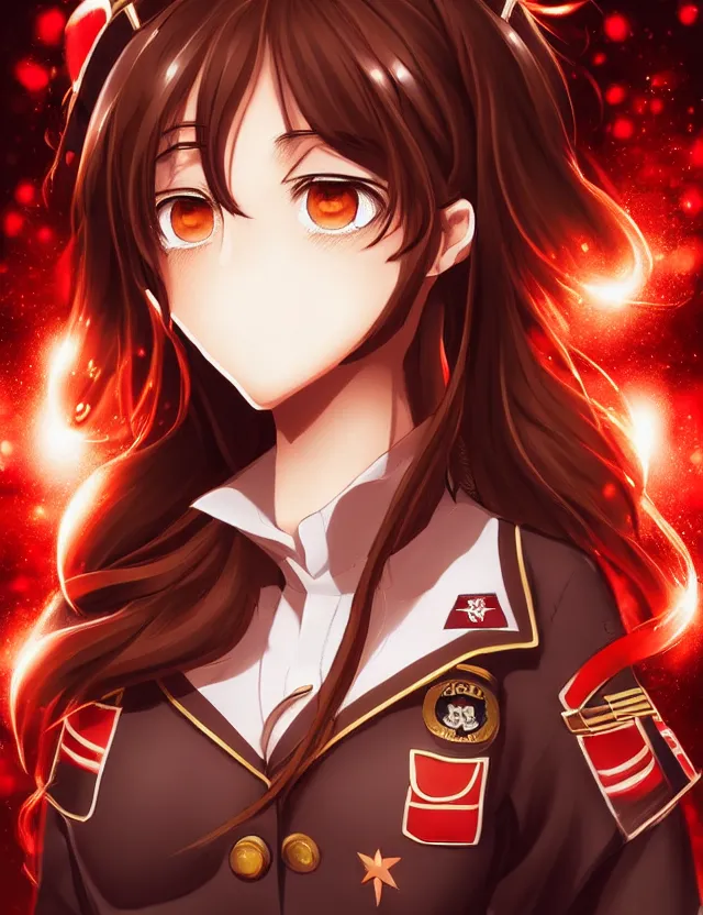 Image similar to a detailed manga portrait of a beautiful brown haired woman in a military uniform glowing with swirling red energy, trending on artstation, digital art, 4 k resolution, detailed, high quality, sharp focus, hq artwork, coherent, insane detail, character portrait