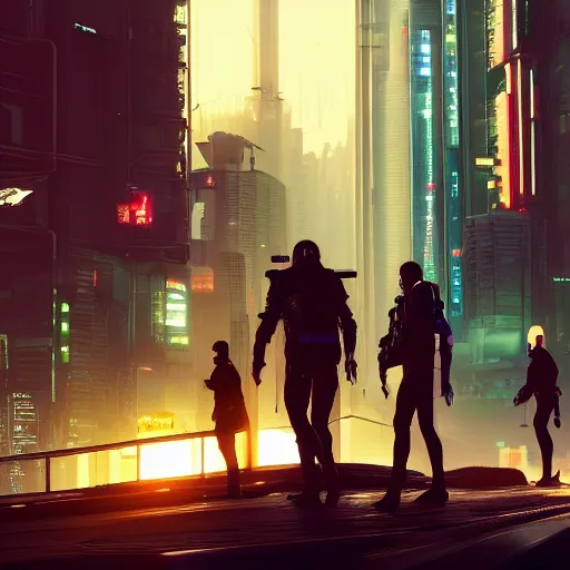 Image similar to People at the start of their journey, cyberpunk style, digital painting, concept art, smooth, sharp focus, hyperrealistic, illustration, artstation trending, octane render, unreal engine, ambient light, dynamic lighting, magical, dark vibes, Cyberpunk 2077