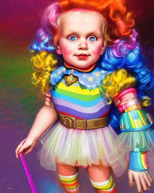 Image similar to 1 9 8 0 s doll rainbow brite portrait | highly detailed | very intricate | symmetrical | whimsical and magical | soft cinematic lighting | award - winning | closeup portrait | painted by donato giancola and mandy jurgens and charlie bowater | pastel color palette | featured on artstation