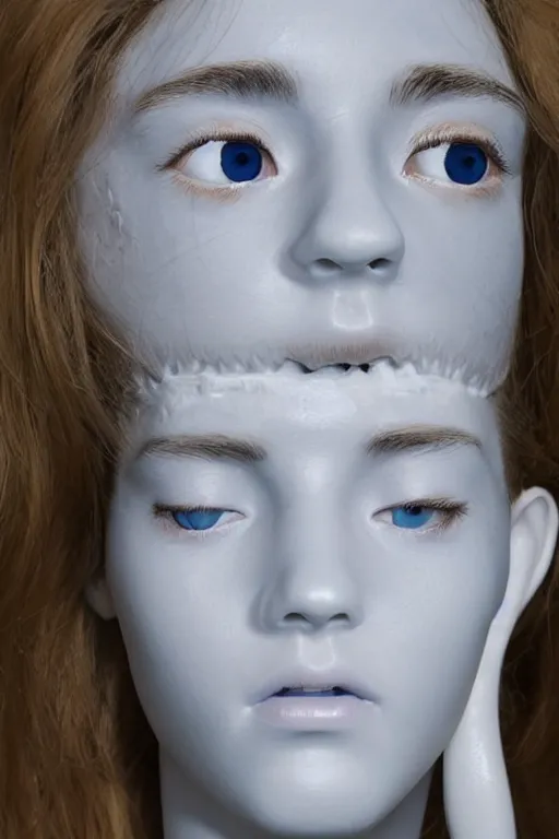 Image similar to full head and shoulders, beautiful porcelain female person, smooth, delicate facial features, lots of realistic, detailed eyeballs all over the face, white lashes, by daniel arsham and james jean