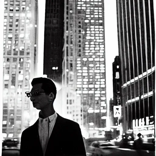 Prompt: analog medium format night flash portrait in new york, 1 9 6 0 s, wide angle lens, photographed on expired film, detailed photograph