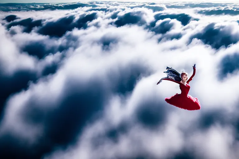 Prompt: photograph of a haute couture model flying through clouds, aerial view. photography by julia hetta, cinematic, elegant, real dlsr photography, sharp focus, 4 k, ultra hd, sense of awe