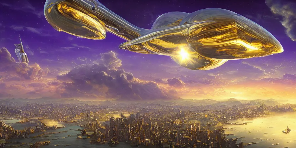 Prompt: balanced fantasy masterpiece, bird's eye vista view, ultra high - tech, atlantean airships, megalithic civilization, chrome, gold, amethyst, interstellar city, distant mountains, bright clouds, luminous sky, bright cinematic lighting, michael cheval, michael whelan, digital oil painting, vray, 8 k hd