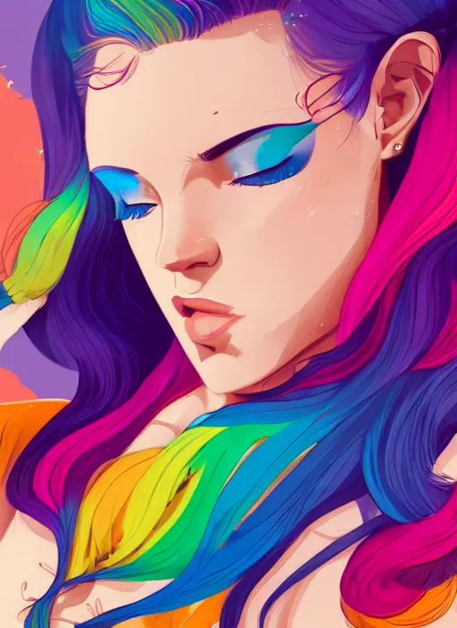 Image similar to a young woman with beautiful rainbow hair and lots of tattoos on her arms and chest. clean cel shaded vector art. shutterstock. behance hd by lois van baarle, artgerm, helen huang, by makoto shinkai and ilya kuvshinov, rossdraws, illustration, art by ilya kuvshinov