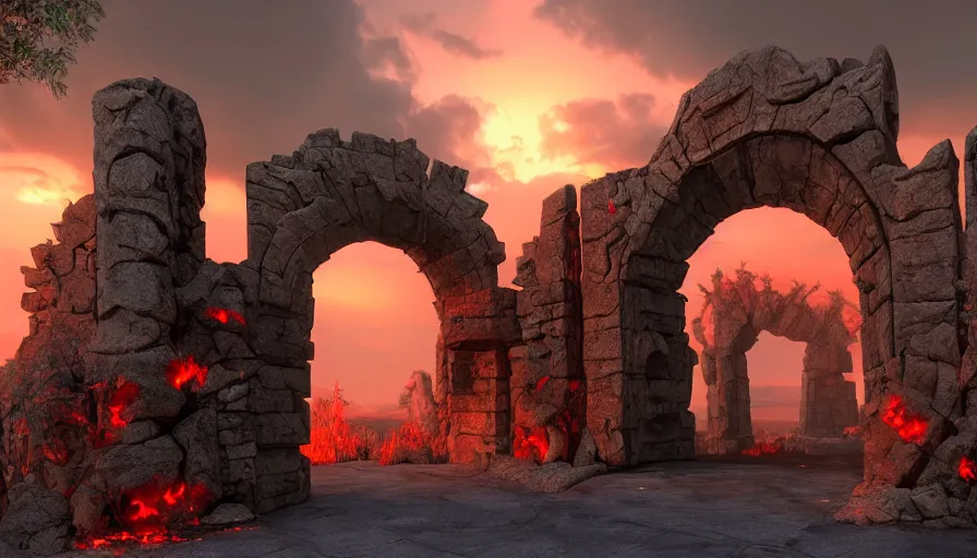 Prompt: gigantic stone gates that serve as the entrance to the underworld, fire, red sky, red rain, rule of thirds, highly detailed, volumetric lighting, trending on artstation, concept art, matte painting, 4k, octane render, art by ted nasmith and greg rutkowski