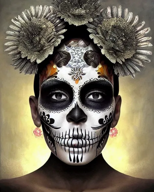 Image similar to dia de los muertos theme surrealist art in the styles of igor morski, jim warren, and aida muluneh, intricate, hyperrealistic, accurate facial details, profile picture with chromakey!!!!! background, volumetric lighting