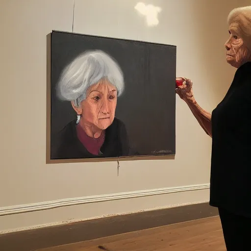 Image similar to old woman staring at a painting of her younger self