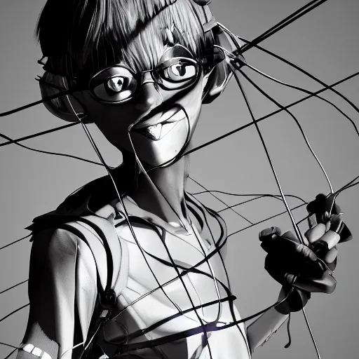 Image similar to RPG character concept art, modular synth musician patching cables, wires flying in the air, in the style of Jamie Hewlett Hiroya Oku Riyoko Ikeda, 3d render, artstation trending, 8k, octane render, photorealistic, sharp detail, manga, black and white