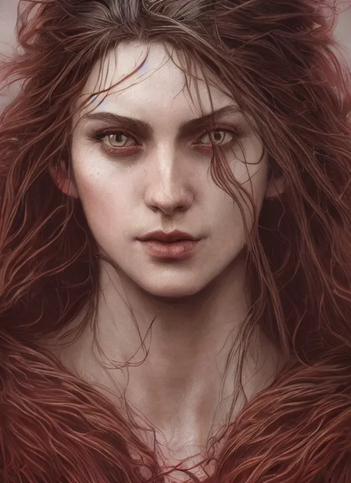 Image similar to vertical portrait of a ruggedly handsome female cleric, soft hair, close - up face, leather, witchy, d & d, fantasy, intricate, elegant, highly detailed, digital painting, artstation, concept art, smooth, sharp focus, illustration, art by artgerm and greg rutkowski and alphonse mucha, plain red background