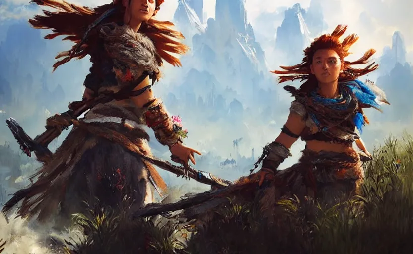 Image similar to A painting of Aloy from Horizon Zero Dawn trending on artstation in the style of Greg Rutkowski