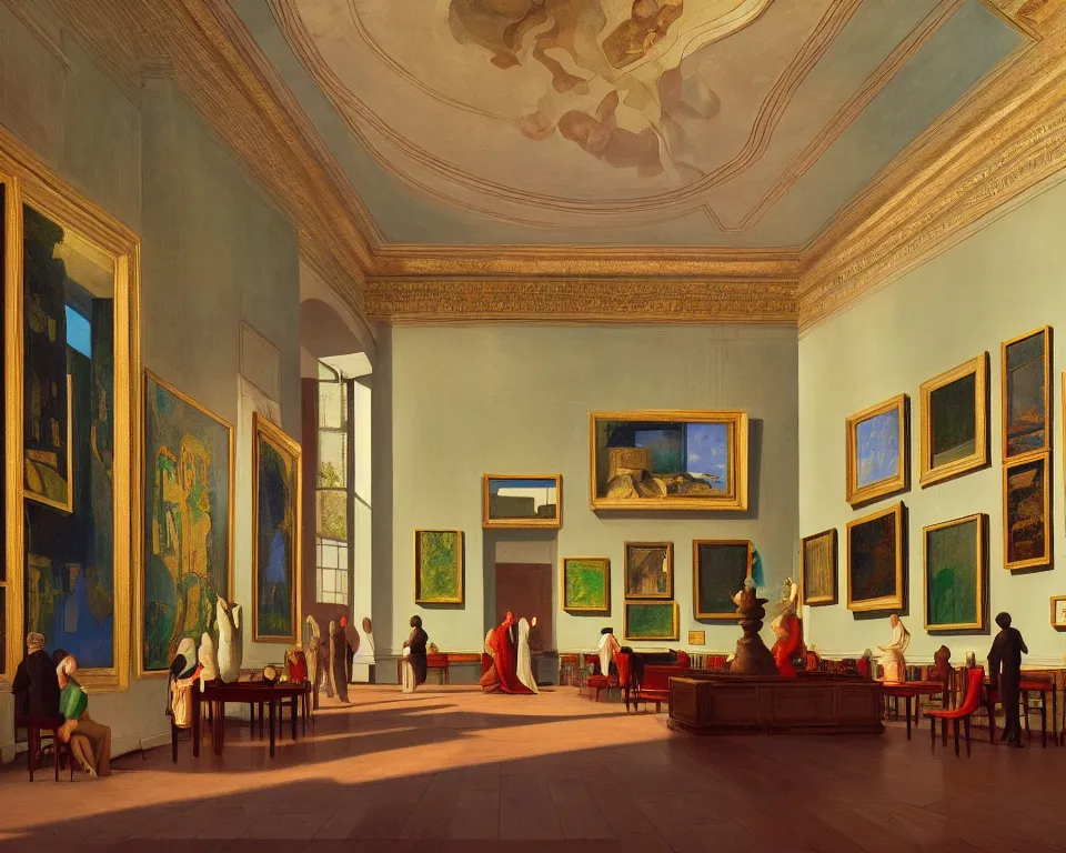 Prompt: an achingly beautiful print of the interior of an opulent art museum with vibrant framed paintings covering the walls, potted plants, and classical antiquities by Raphael, Hopper, and Rene Magritte. detailed, romantic, enchanting, trending on artstation.