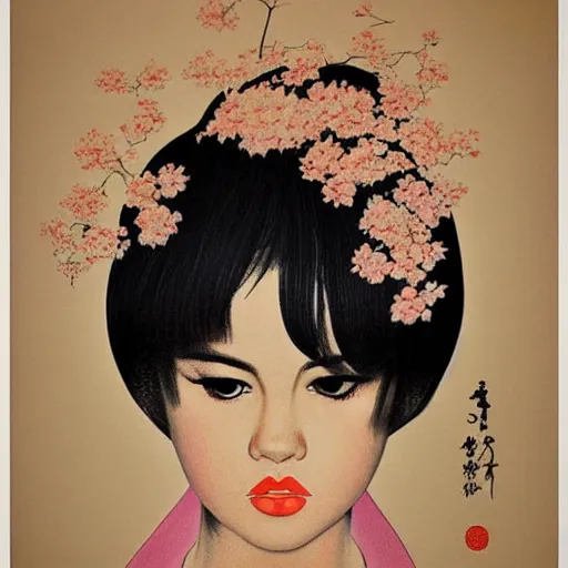 Prompt: “ selena gomez portrait by ikenaga yasunari and ayana otake and ko rakusui, 6 0 s poster, drawing, realistic, sharp focus, japanese, dreamy, nostalgia, faded, golden hues, floral clothes ”