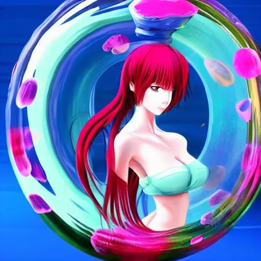 Prompt: full body side view of a beautiful anime woman stuck inside of a giant jello placed on a plate, realistic anime CGI art style.