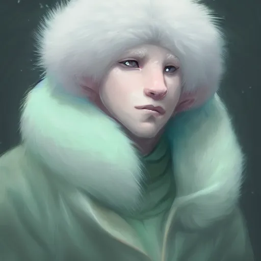 Prompt: aesthetic portrait commission of a albino male furry anthro lion wearing a cute mint colored cozy soft pastel winter outfit, winter atmosphere character design by charlie bowater, ross tran, artgerm, and makoto shinkai