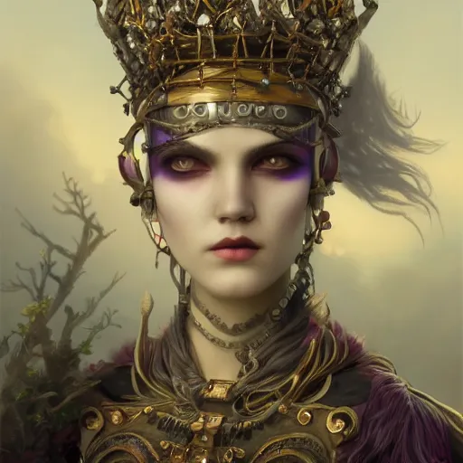 Prompt: tom bagshaw, soft painting fractal curiosities fairy carnival, single beautiful queen in full nightshade gothic armor, accurate features, focus, very intricate ultrafine details, black white purple volumetric clouds, award winning masterpiece, octane render 8 k hd