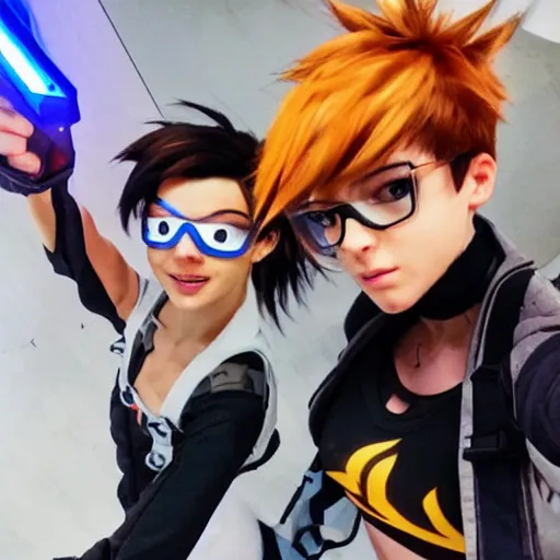 Image similar to tracer from overwatch smartphone selfie with friends