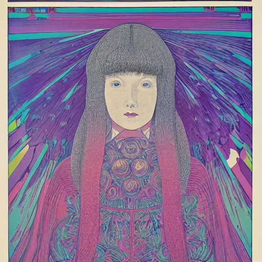 Prompt: a girl with huge shiny silver eyes, colored woodcut, poster art, by Mackintosh, art noveau, by Ernst Haeckel, bright pastel colors, 8k,