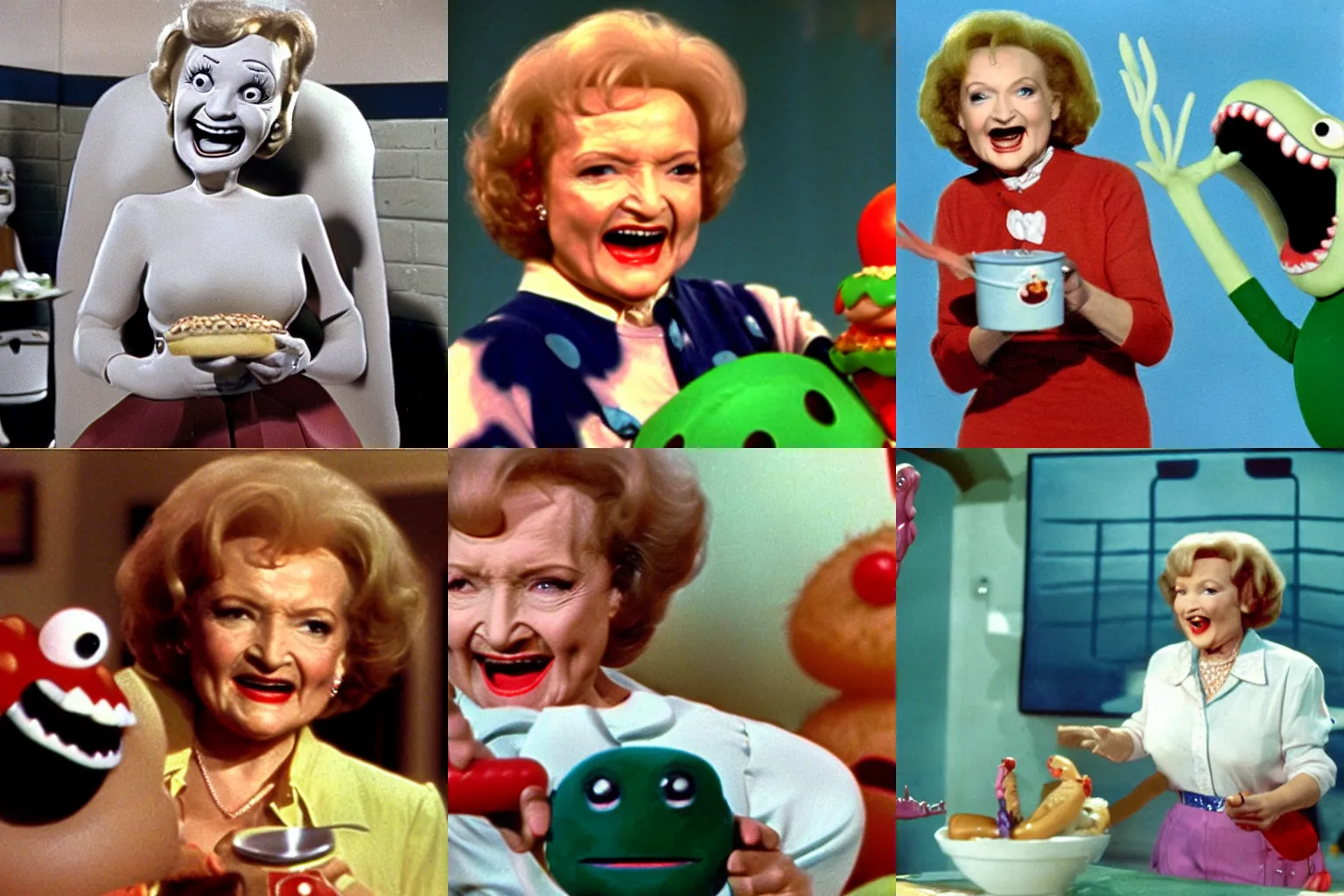 Prompt: Color movie still of Betty White in 'Hot Dog monster vs Hamburger monster' by Ray Harryhausen