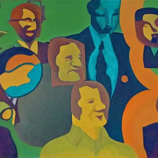 Prompt: oil on masonite painting by aaron douglas of a psychedelic conference of scientists / professors / researchers, high detail