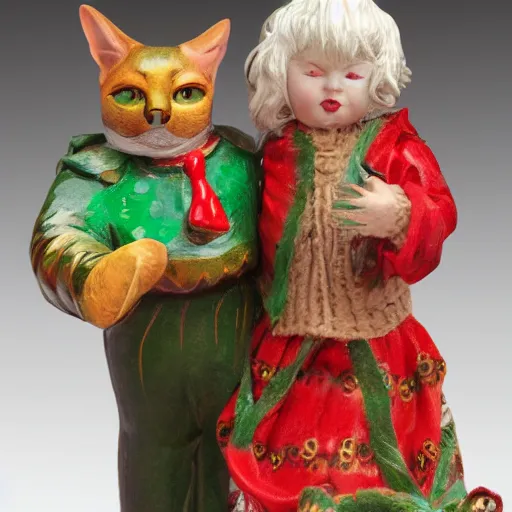 Prompt: Margaret Le Van Alley Cat fashion statuette, character Lushus, wearing festive clothing, full body render, museum quality photo