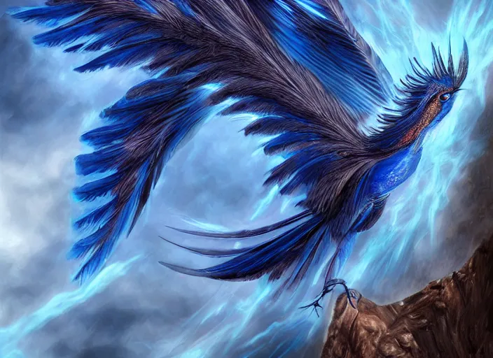 Prompt: blue phoenix bird, his feathers are electrical discharges, it's flying between a storm, high - quality, realistic, the figure is on the center of the picture, there is space around the figure, fantasy digital art, trending in artstation, high quality, stunning, intricate, sharp