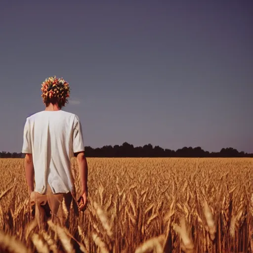 Image similar to lomography color 4 0 0 photograph of a skinny blonde guy standing in a field of wheat, flower crown, back view, golden ratio, light leak, grain, moody lighting, telephoto, 9 0 s vibe, blurry background, vaporwave colors!, faded!,