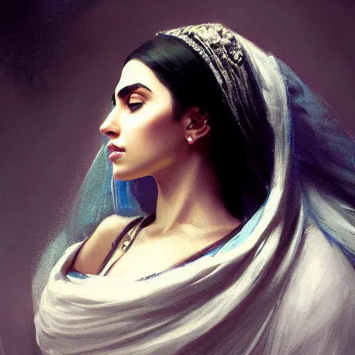 Image similar to a Photorealistic dramatic hyperrealistic render of an arab ameera al taweel, blue eyes, black hair, white veil,by WLOP,Artgerm,Greg Rutkowski,Alphonse Mucha, Beautiful dynamic dramatic dark moody lighting,shadows,cinematic atmosphere,Artstation,concept design art,Octane render,8K