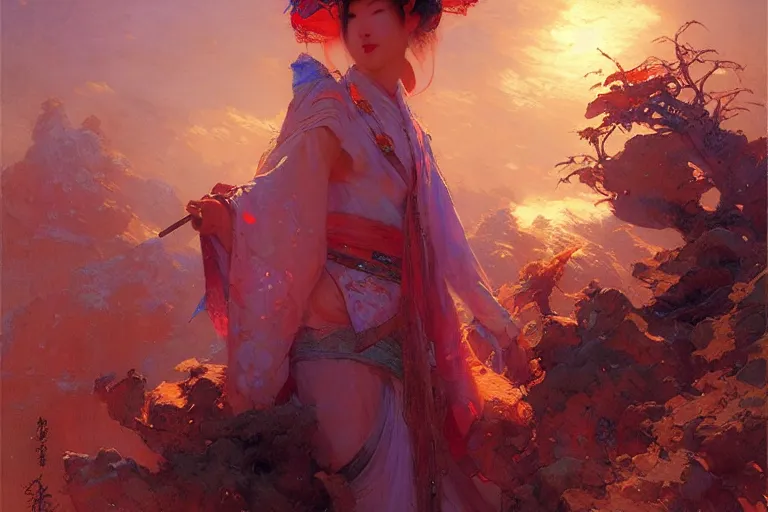 Prompt: netease ibaraki, night, brilliant colors and hard shadows and strong rim light, colorful, night sky, cool white color temperature, painting by gaston bussiere, craig mullins, j. c. leyendecker