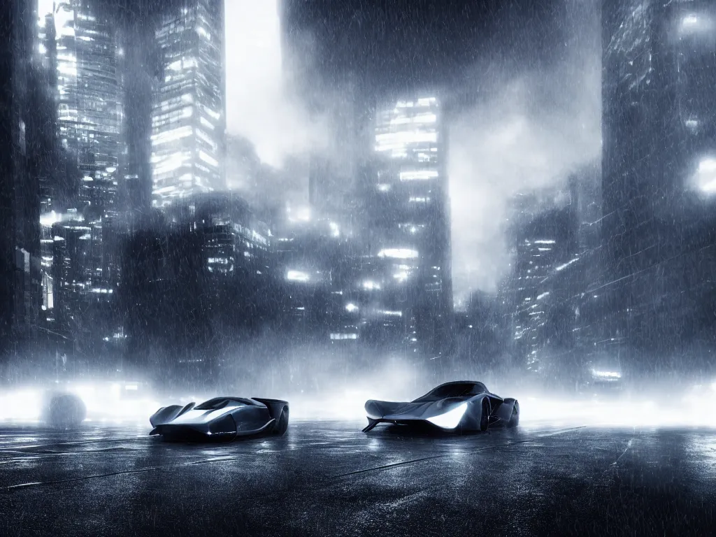 Image similar to telephoto portrait of a Futuristic supercar on wet city streets, mist, dramatic lighting, high contrast, volumetric lighting, octane, cyberpunk