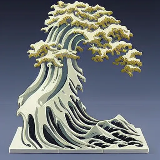 Prompt: a d&d miniature of a marble statue of The Great Wave off Kanagawa, 3D, sculpture