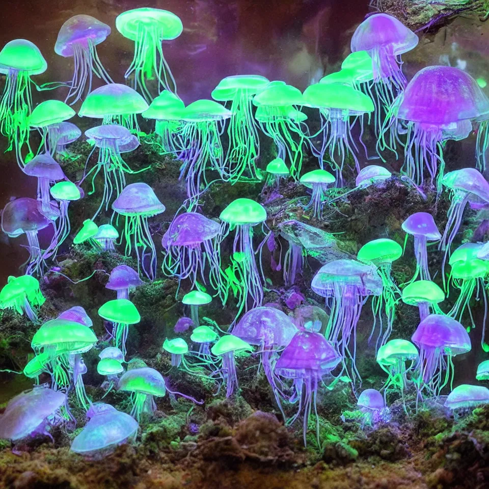 Image similar to a terrarium of bioluminescent jellyfish like mushrooms with veins