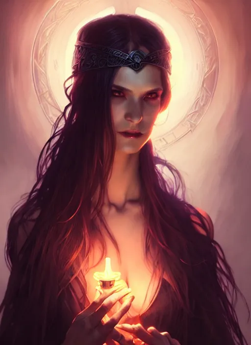 Image similar to Necromancer Sorceress, fantasy magic, undercut hairstyle, dark light night, intricate, elegant, sharp focus, illustration, highly detailed, digital painting, concept art, matte, art by WLOP and Artgerm and Greg Rutkowski and Alphonse Mucha, masterpiece