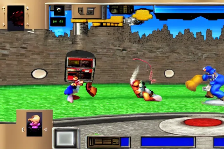 Prompt: videogame gameplay screenshot of super smash bros melee on nintendo gamecube, crt monitor